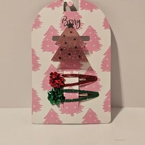NEW Berry Christmas Tree Bow Hair Clip Set Girl Holiday Accessories Pink Glitter